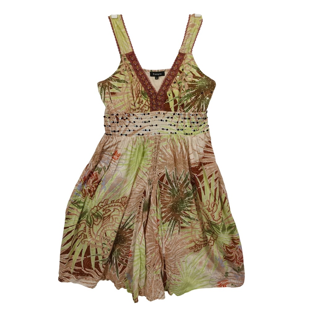 Tropical Leaf Print Beaded V Neck‎ Mini Dress M Hawaii Beach Vacation Summer
